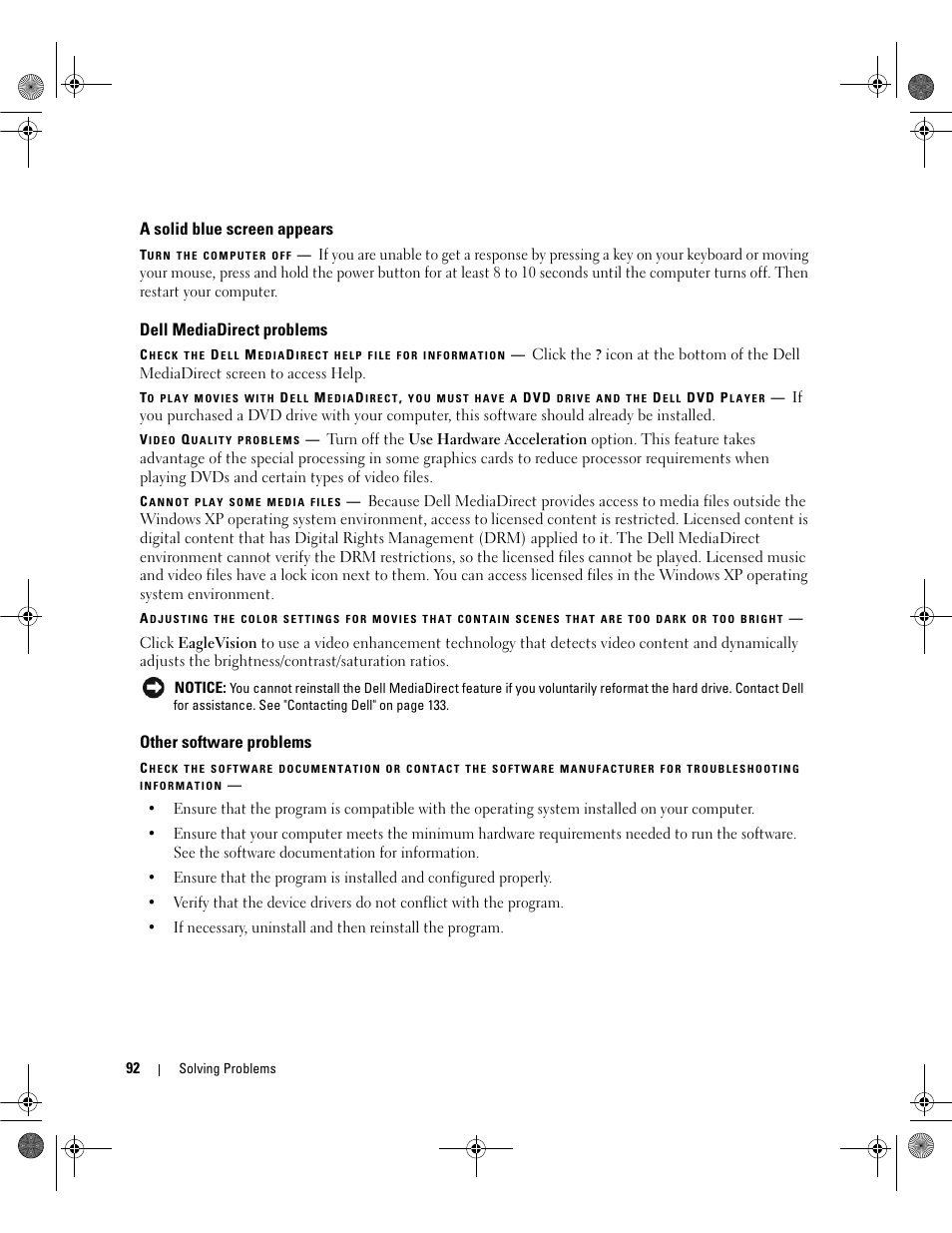 A solid blue screen appears, Dell mediadirect problems, Other software problems | Dell Inspiron 6400 User Manual | Page 92 / 186