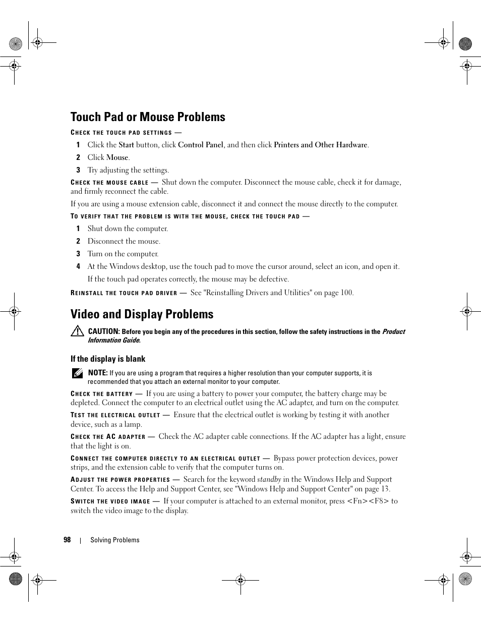 Touch pad or mouse problems, Video and display problems, If the display is blank | Dell Inspiron 6400 User Manual | Page 98 / 186
