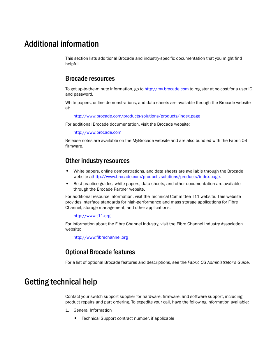 Additional information, Brocade resources, Other industry resources | Optional brocade features, Getting technical help | Dell POWEREDGE M1000E User Manual | Page 18 / 108