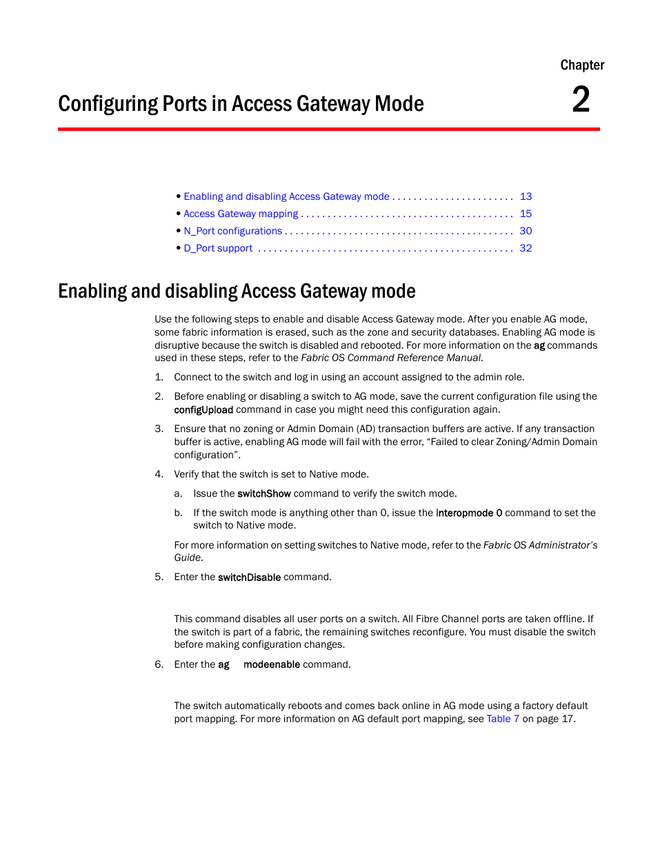 Configuring ports in access gateway mode, Enabling and disabling access gateway mode, Chapter 2 | Describ, Chapter | Dell POWEREDGE M1000E User Manual | Page 33 / 108
