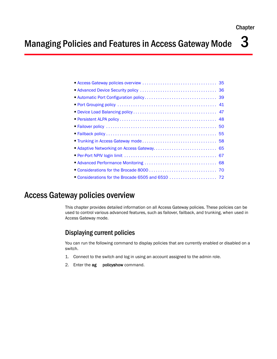 Access gateway policies overview, Displaying current policies, Chapter 3 | Dell POWEREDGE M1000E User Manual | Page 55 / 108