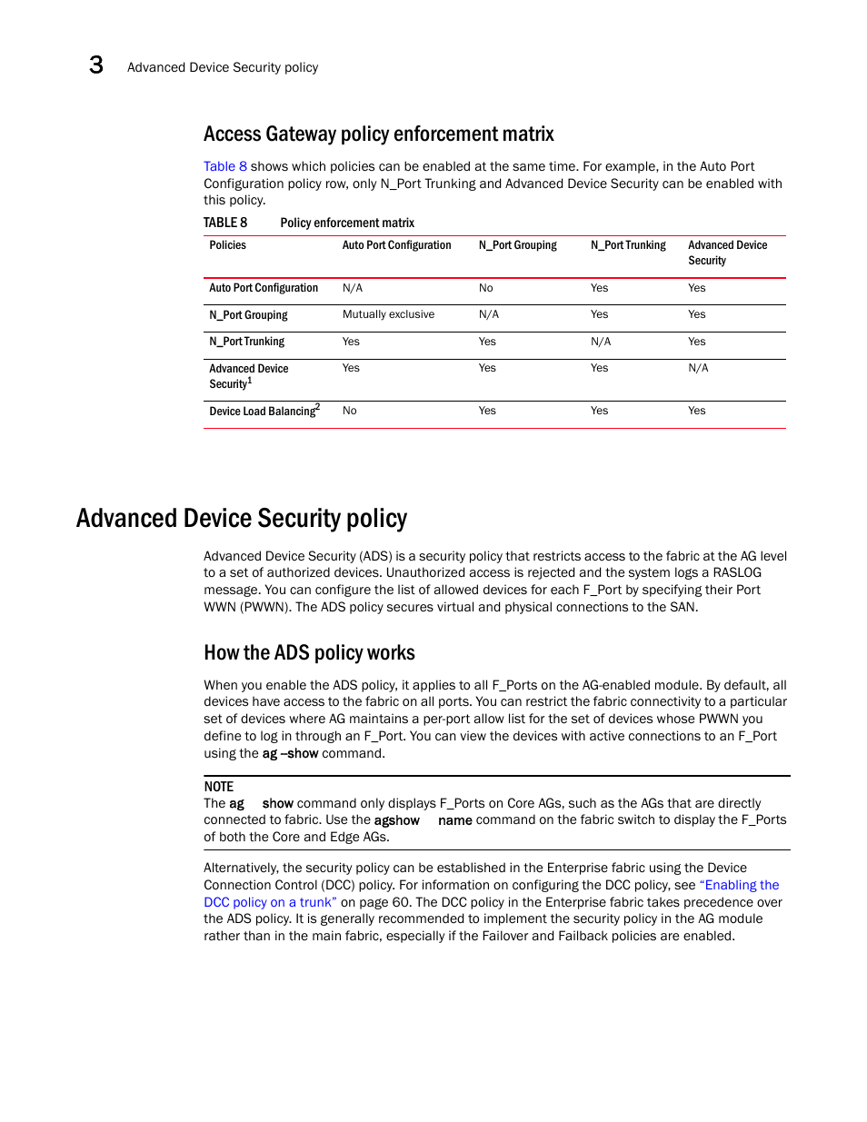 Access gateway policy enforcement matrix, Advanced device security policy, How the ads policy works | Table 8 | Dell POWEREDGE M1000E User Manual | Page 56 / 108