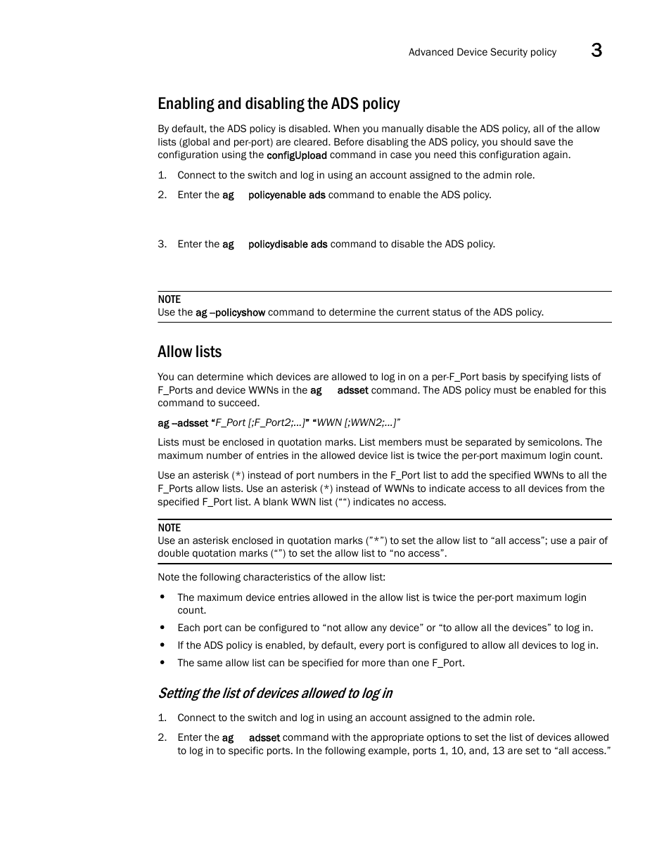 Enabling and disabling the ads policy, Allow lists, Setting the list of devices allowed to log in | Dell POWEREDGE M1000E User Manual | Page 57 / 108