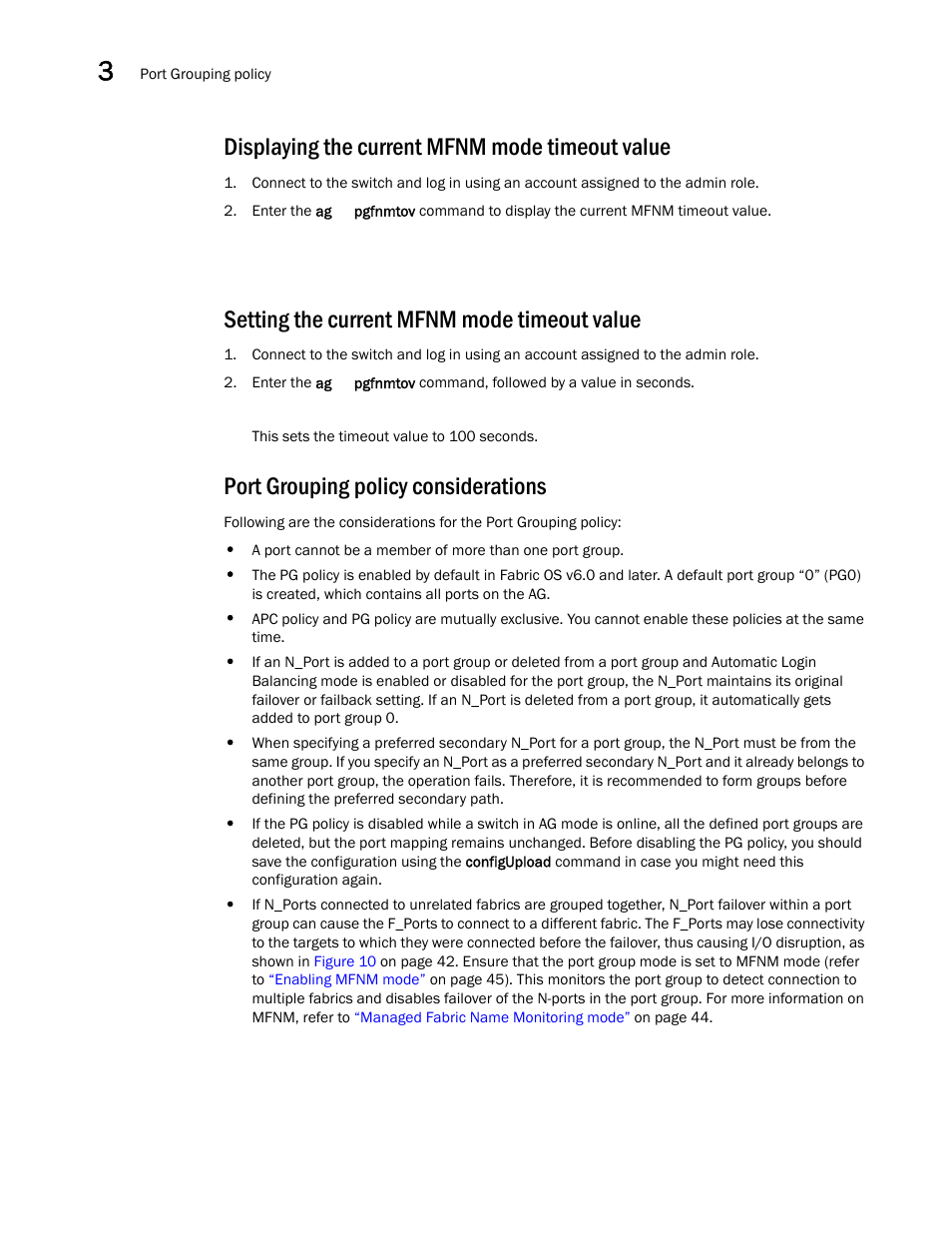 Displaying the current mfnm mode timeout value, Setting the current mfnm mode timeout value, Port grouping policy considerations | Setting the current mfnm mode, Timeout value | Dell POWEREDGE M1000E User Manual | Page 66 / 108