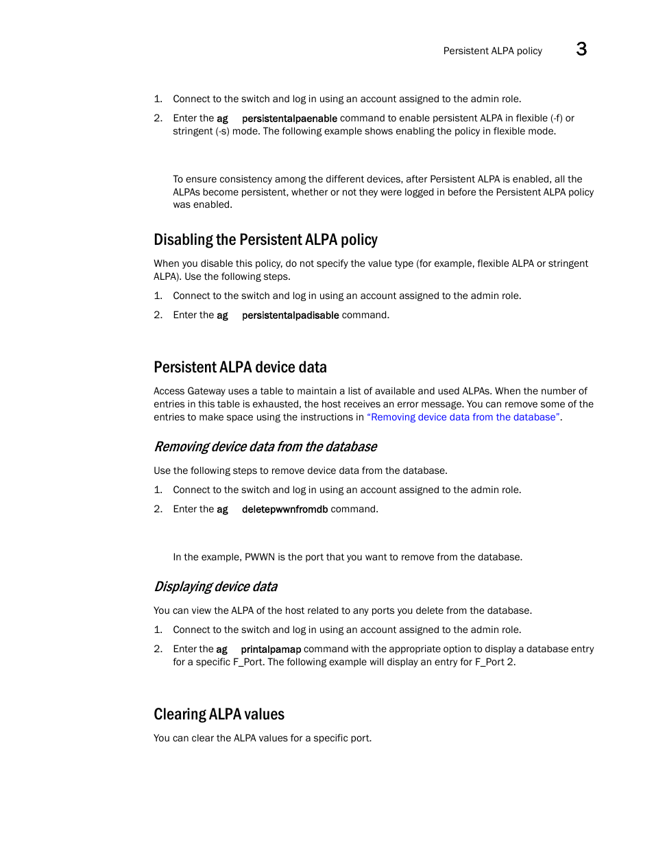 Disabling the persistent alpa policy, Persistent alpa device data, Clearing alpa values | Removing device data from the database, Displaying device data | Dell POWEREDGE M1000E User Manual | Page 69 / 108