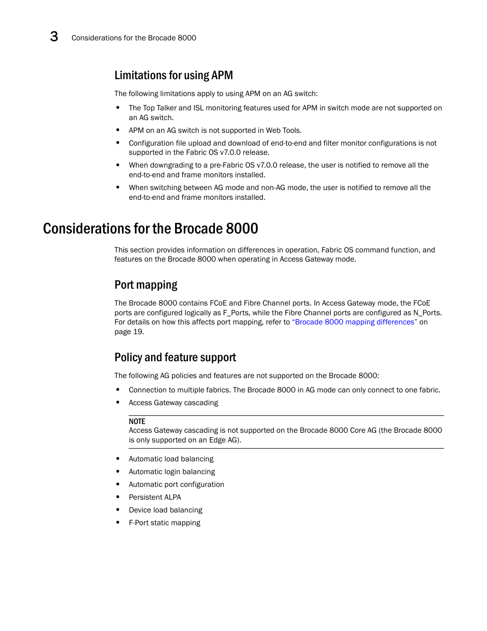 Limitations for using apm, Considerations for the brocade 8000, Port mapping | Policy and feature support | Dell POWEREDGE M1000E User Manual | Page 90 / 108