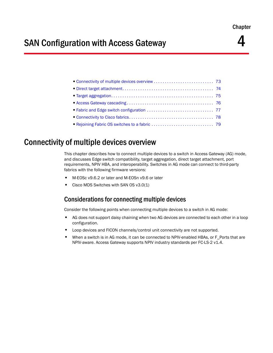 San configuration with access gateway, Connectivity of multiple devices overview, Considerations for connecting multiple devices | Chapter 4, Chapter 4, “san configuration with access gateway | Dell POWEREDGE M1000E User Manual | Page 93 / 108