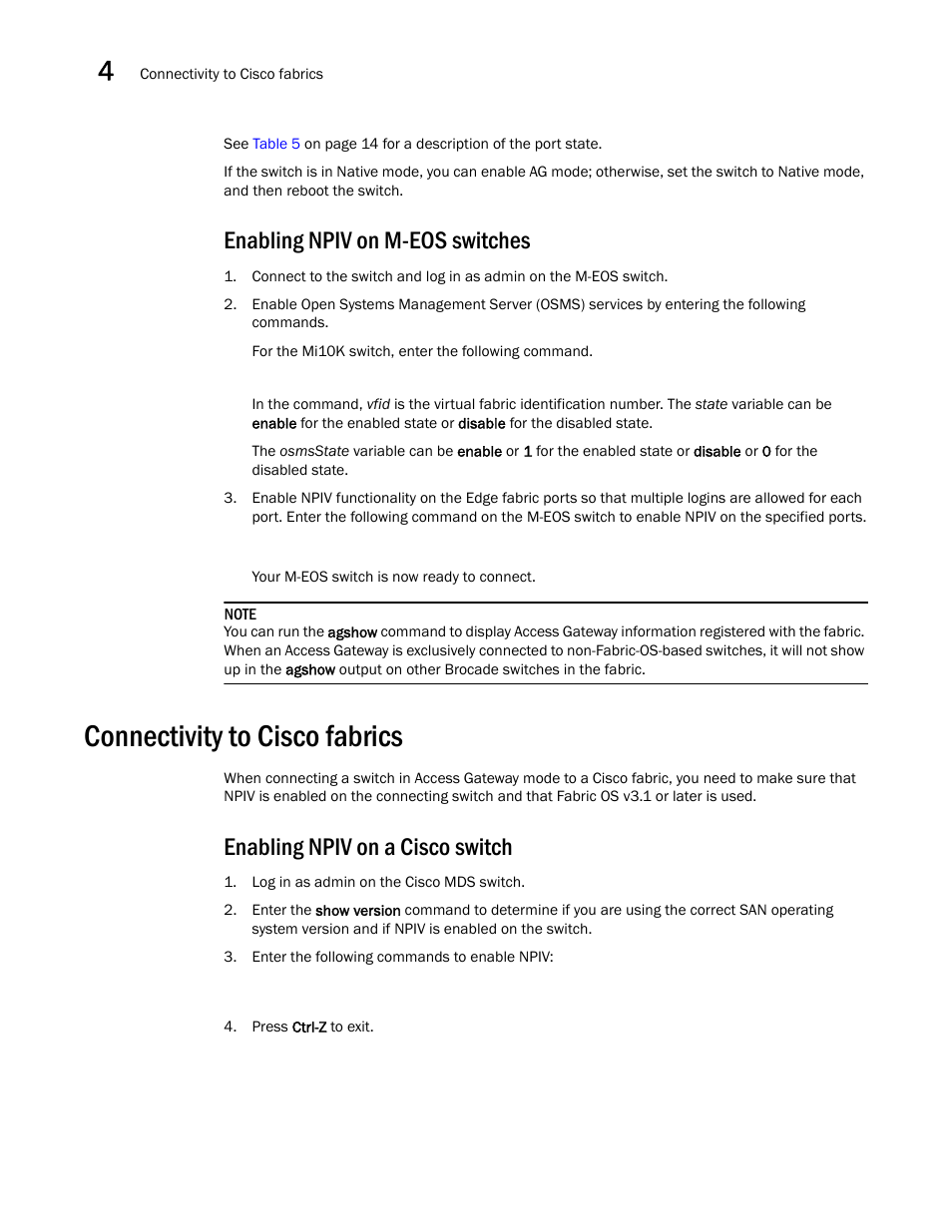 Enabling npiv on m-eos switches, Connectivity to cisco fabrics, Enabling npiv on a cisco switch | Dell POWEREDGE M1000E User Manual | Page 98 / 108