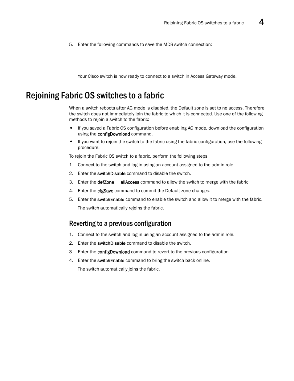 Rejoining fabric os switches to a fabric, Reverting to a previous configuration | Dell POWEREDGE M1000E User Manual | Page 99 / 108