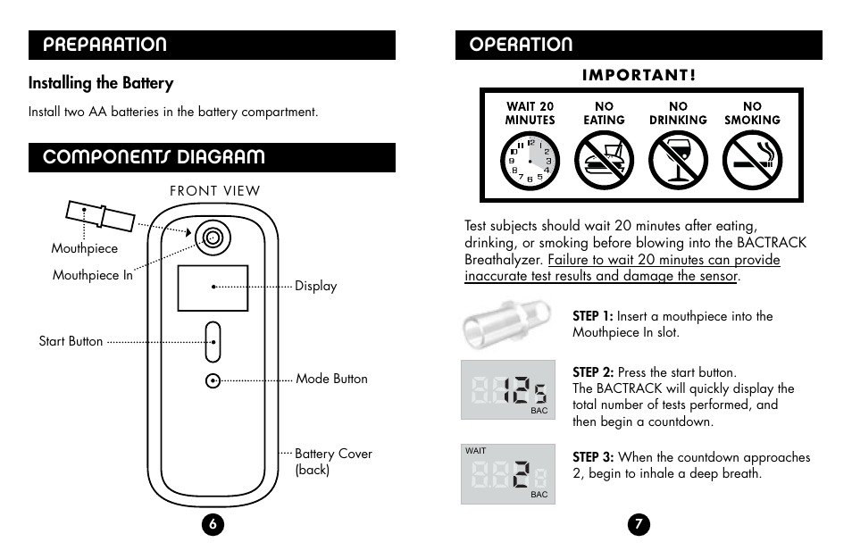 Preparation, Components diagram operation, Installing the battery | BACtrack s75 PrO User Manual | Page 5 / 13