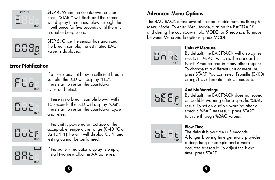 Advanced menu options, Error notification | BACtrack s75 PrO User Manual | Page 6 / 13