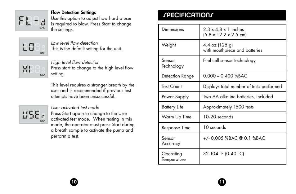 Specifications | BACtrack s75 PrO User Manual | Page 7 / 13