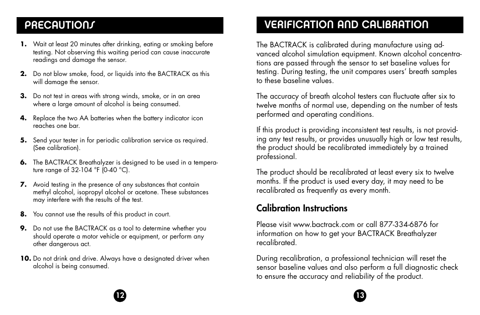 Verification and calibration, Precautions, Calibration instructions | BACtrack s75 PrO User Manual | Page 8 / 13