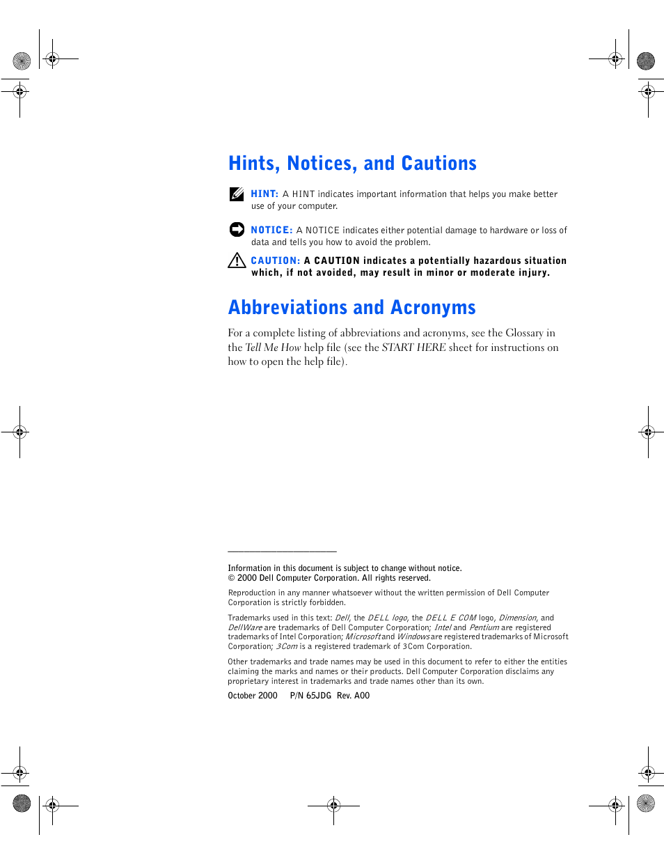 Hints, notices, and cautions, Abbreviations and acronyms | Dell Dimension 8100 User Manual | Page 2 / 84
