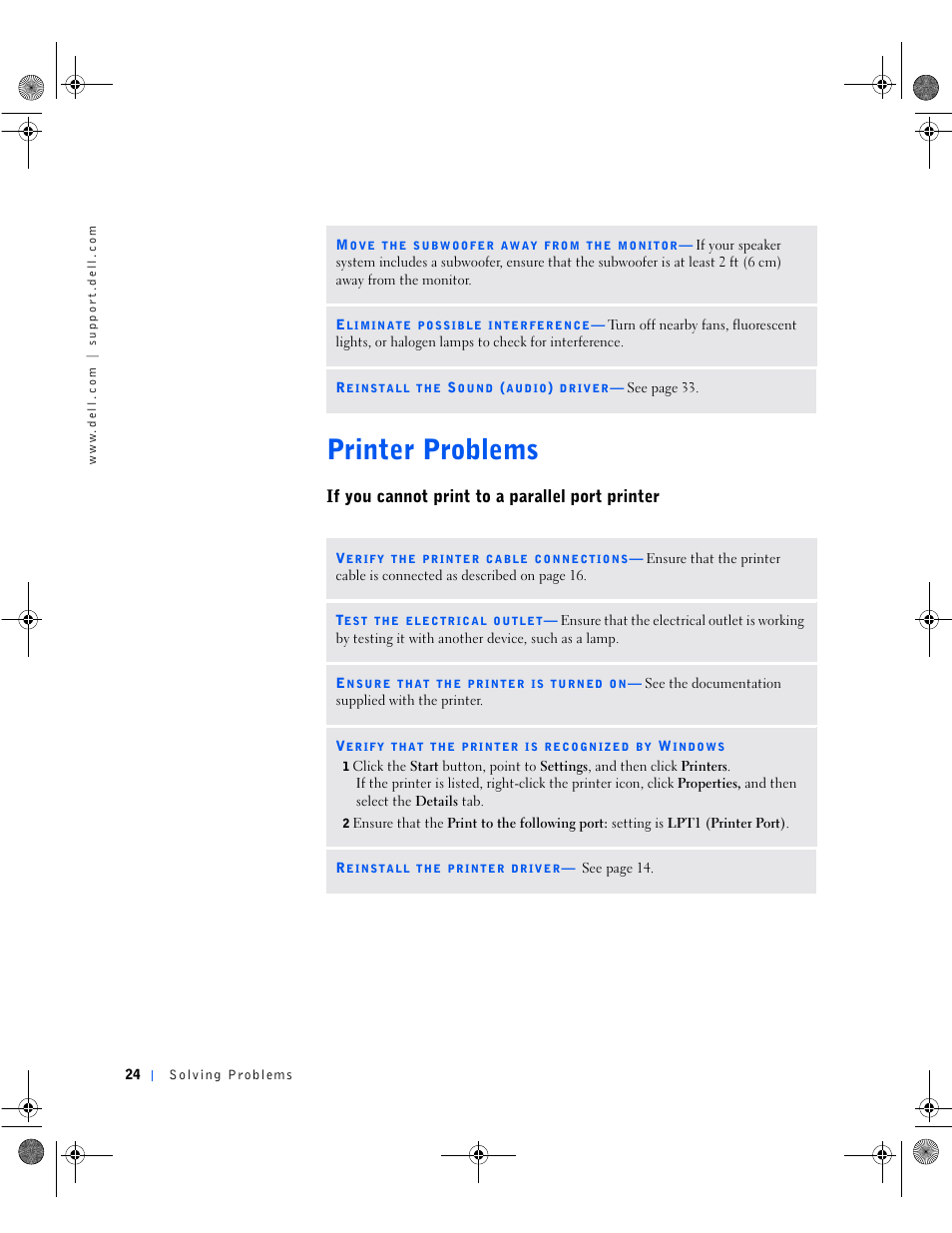Printer problems, If you cannot print to a parallel port printer | Dell Dimension 8100 User Manual | Page 24 / 84