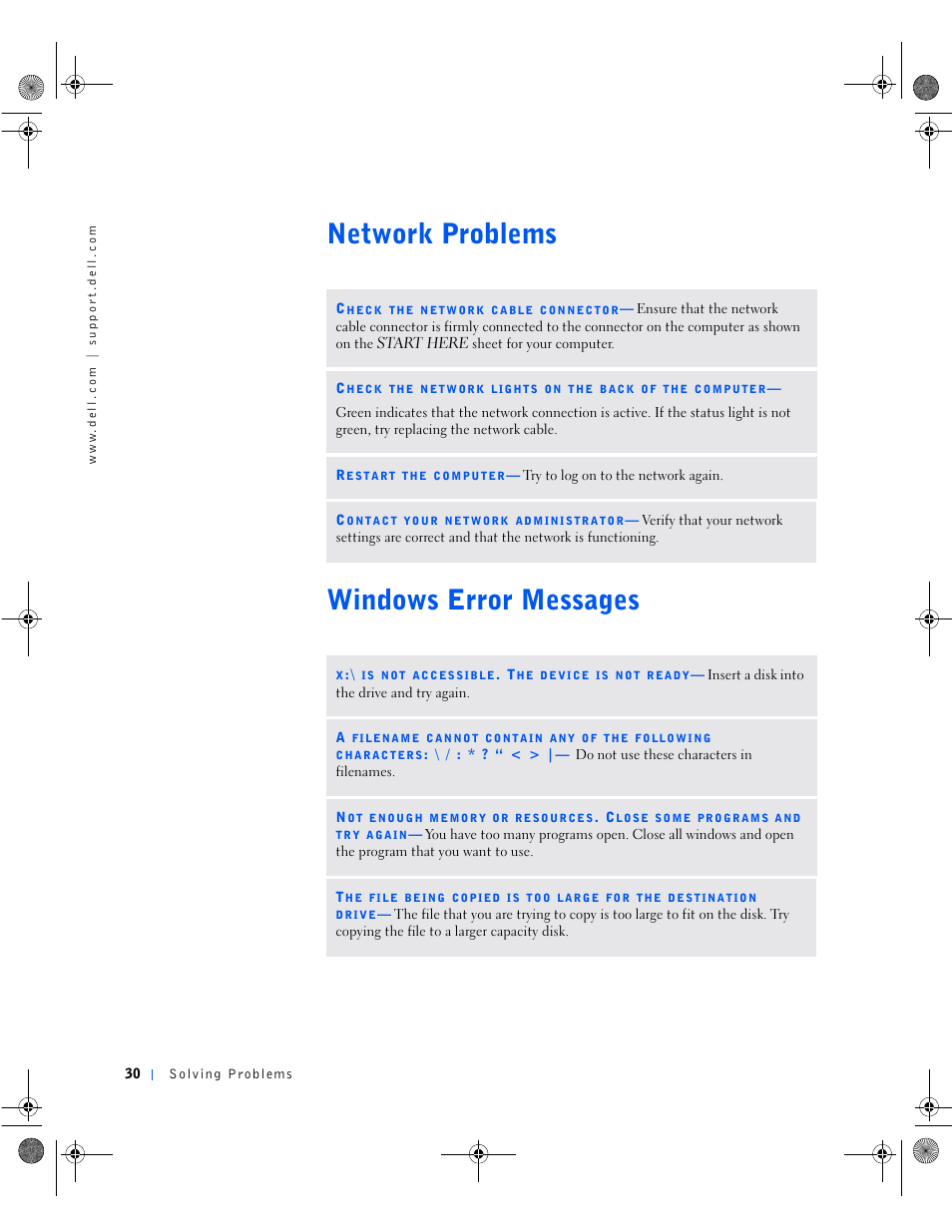 Windows error messages, Network problems | Dell Dimension 8100 User Manual | Page 30 / 84