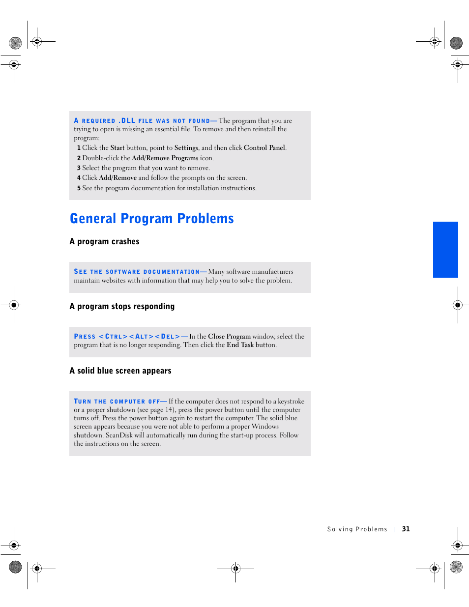 General program problems, A program crashes, A program stops responding | A solid blue screen appears | Dell Dimension 8100 User Manual | Page 31 / 84