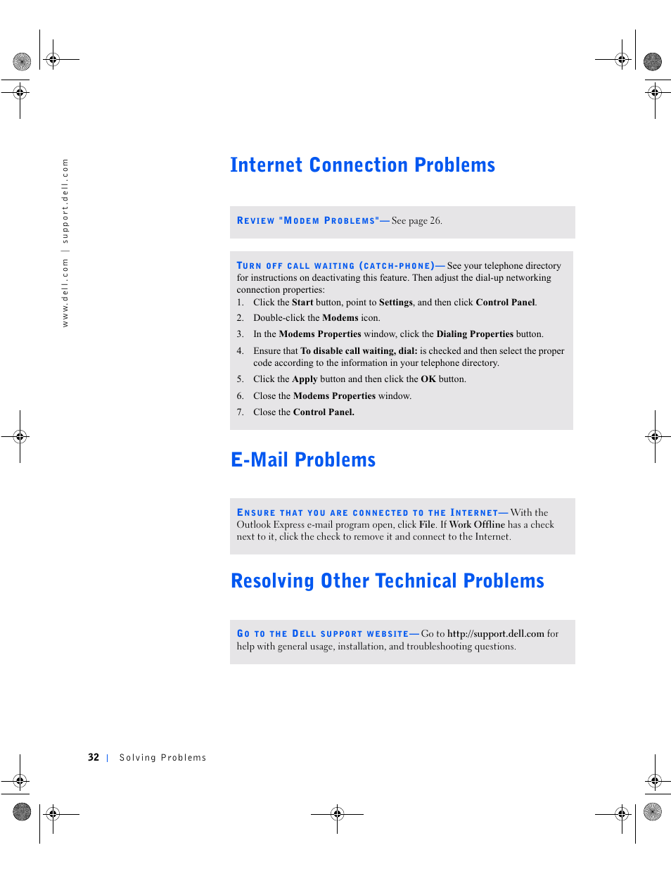 Internet connection problems, E-mail problems, Resolving other technical problems | Dell Dimension 8100 User Manual | Page 32 / 84