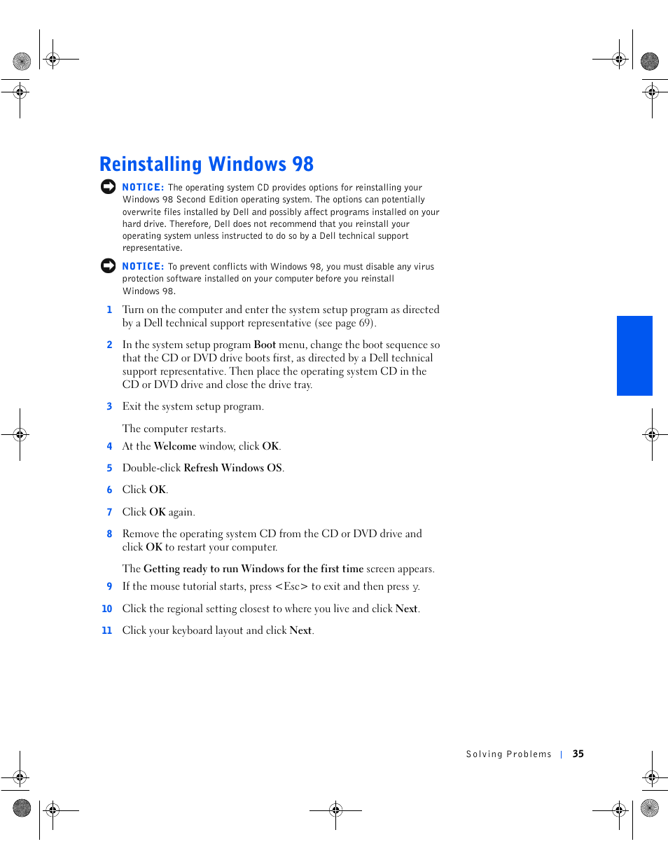 Reinstalling windows 98 | Dell Dimension 8100 User Manual | Page 35 / 84