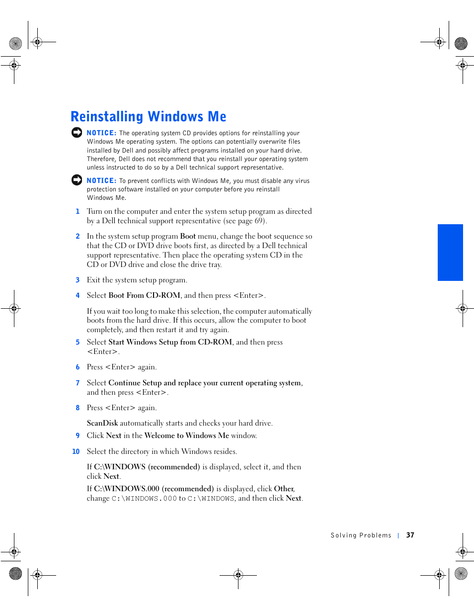 Reinstalling windows me | Dell Dimension 8100 User Manual | Page 37 / 84