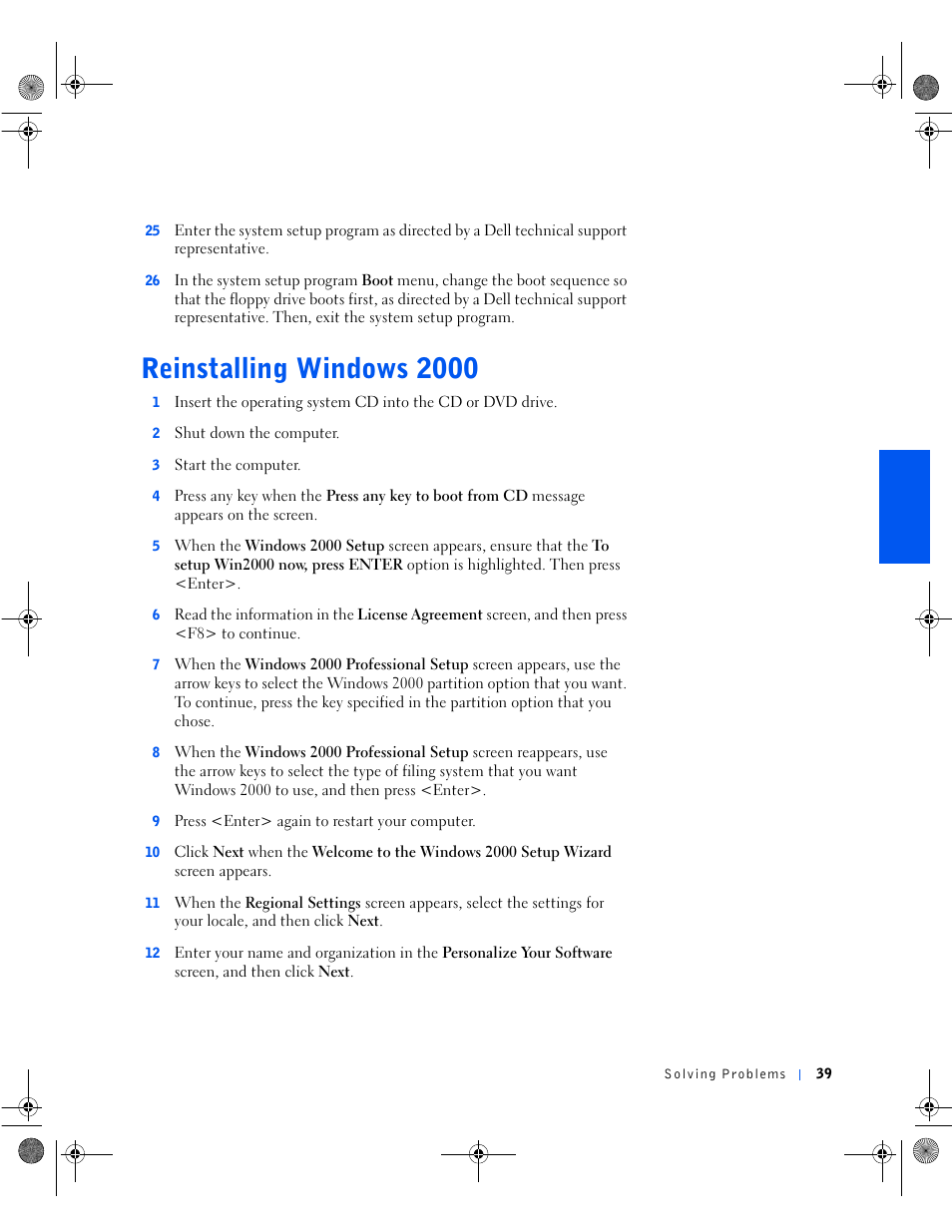 Reinstalling windows 2000 | Dell Dimension 8100 User Manual | Page 39 / 84