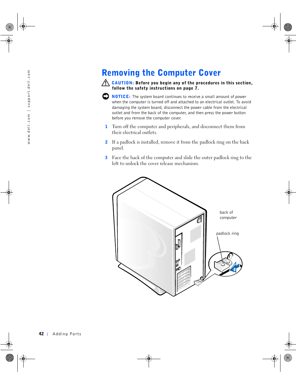 Removing the computer cover | Dell Dimension 8100 User Manual | Page 42 / 84