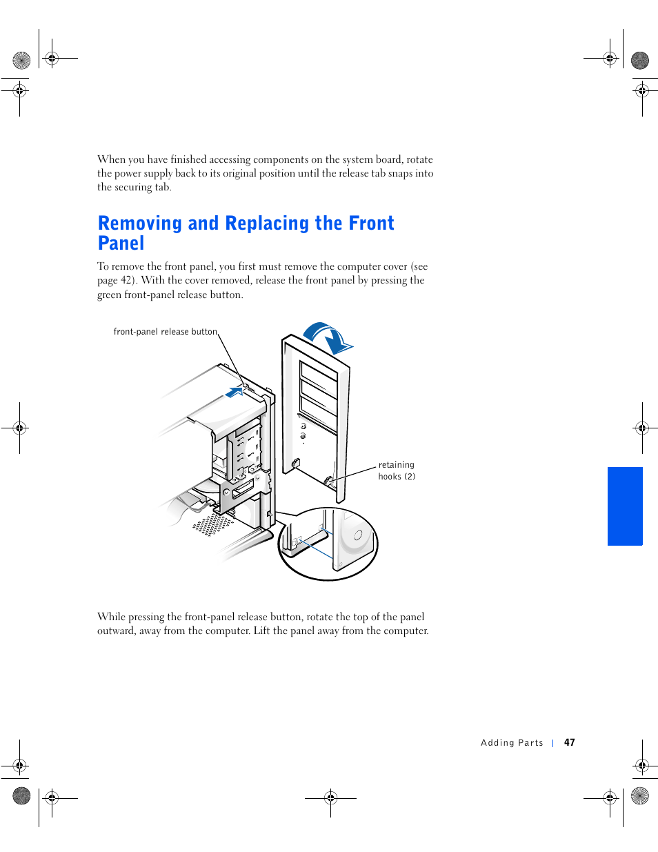 Removing and replacing the front panel | Dell Dimension 8100 User Manual | Page 47 / 84