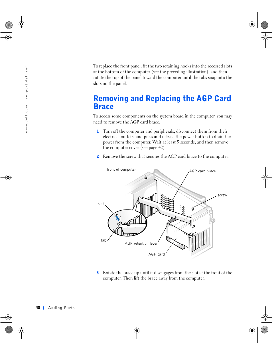 Removing and replacing the agp card brace, Removing and replacing the agp card brace s | Dell Dimension 8100 User Manual | Page 48 / 84