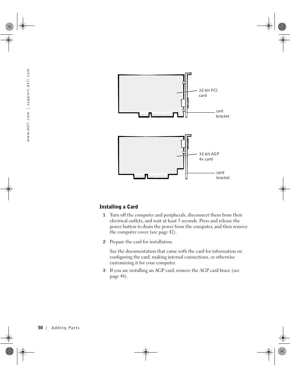 Installing a card | Dell Dimension 8100 User Manual | Page 50 / 84