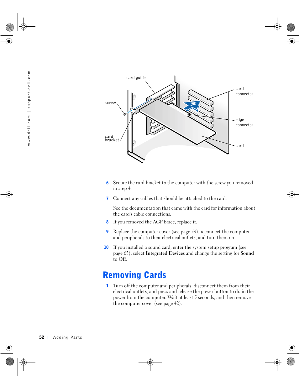 Removing cards | Dell Dimension 8100 User Manual | Page 52 / 84