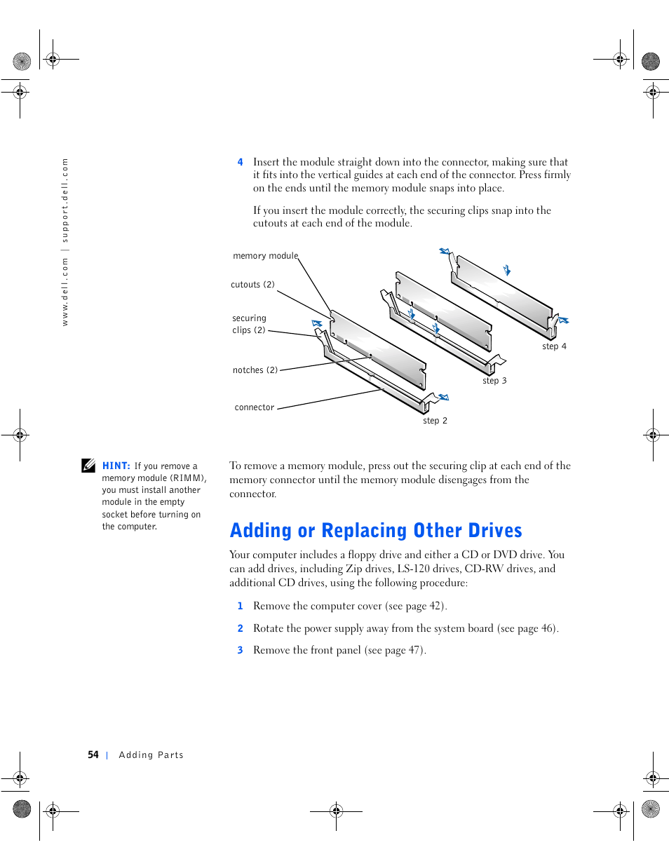 Adding or replacing other drives | Dell Dimension 8100 User Manual | Page 54 / 84