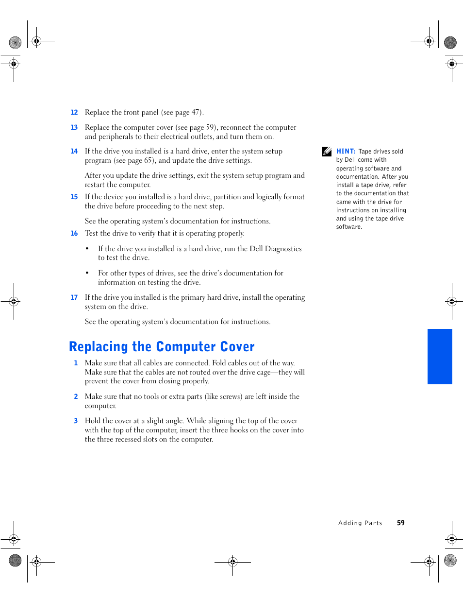 Replacing the computer cover | Dell Dimension 8100 User Manual | Page 59 / 84