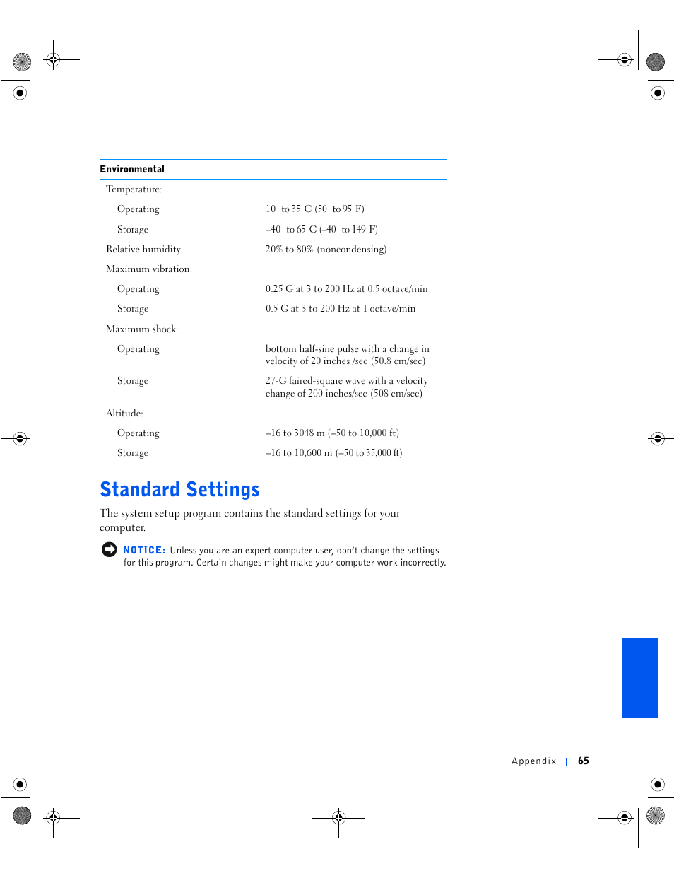 Standard settings, Standard settings 5 | Dell Dimension 8100 User Manual | Page 65 / 84