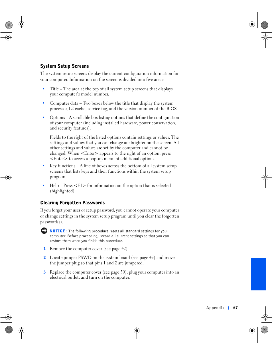 System setup screens, Clearing forgotten passwords, System setup screens 7 | Clearing forgotten passwords 7 | Dell Dimension 8100 User Manual | Page 67 / 84