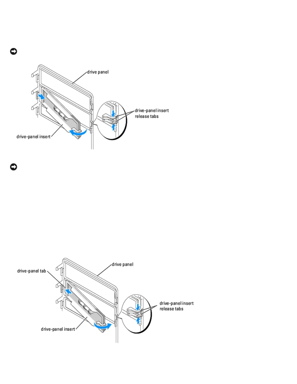 Removing the drive-panel insert, Replacing the drive-panel insert | Dell Dimension 9150/XPS 400 User Manual | Page 42 / 69