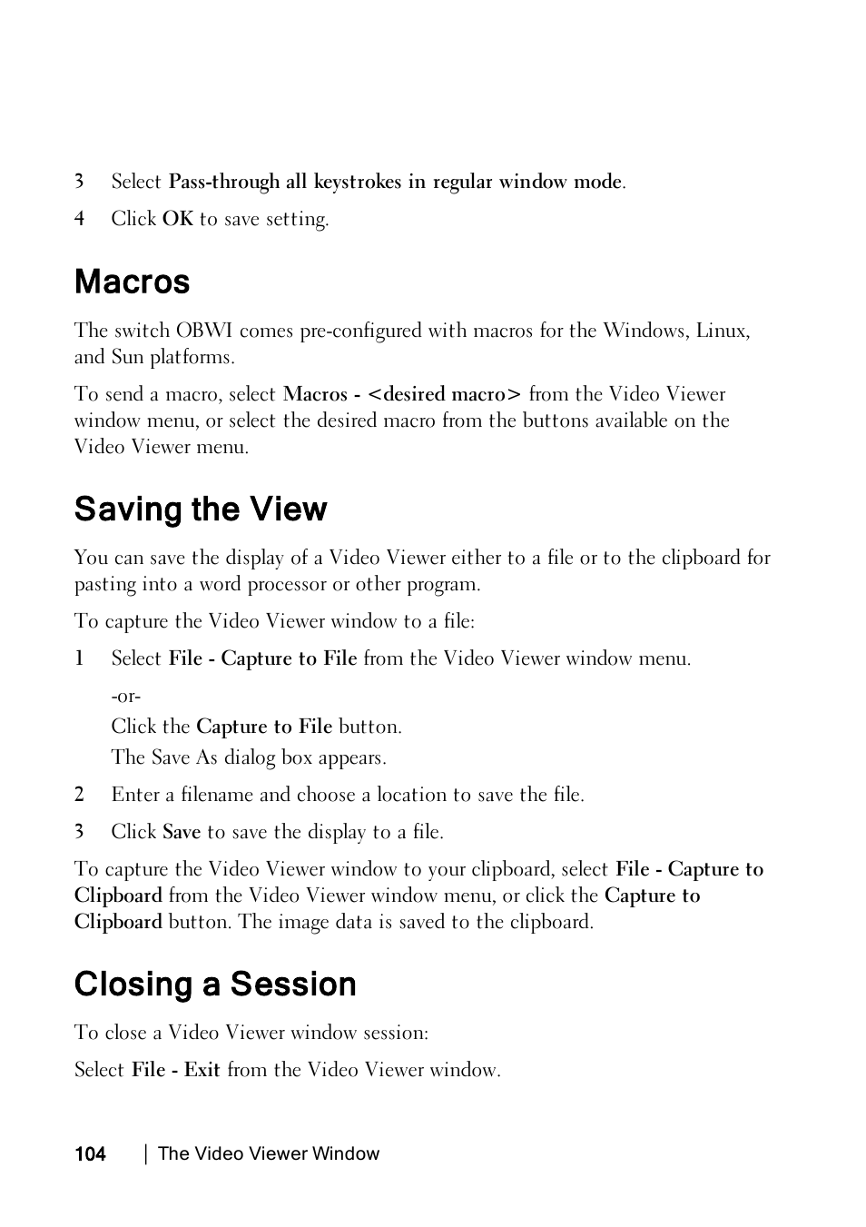 Macros, Saving the view, Closing a session | Dell KVM 1082DS User Manual | Page 114 / 188