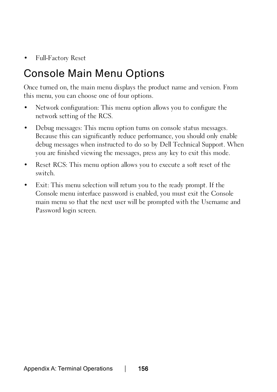 Console main menu options | Dell KVM 1082DS User Manual | Page 166 / 188