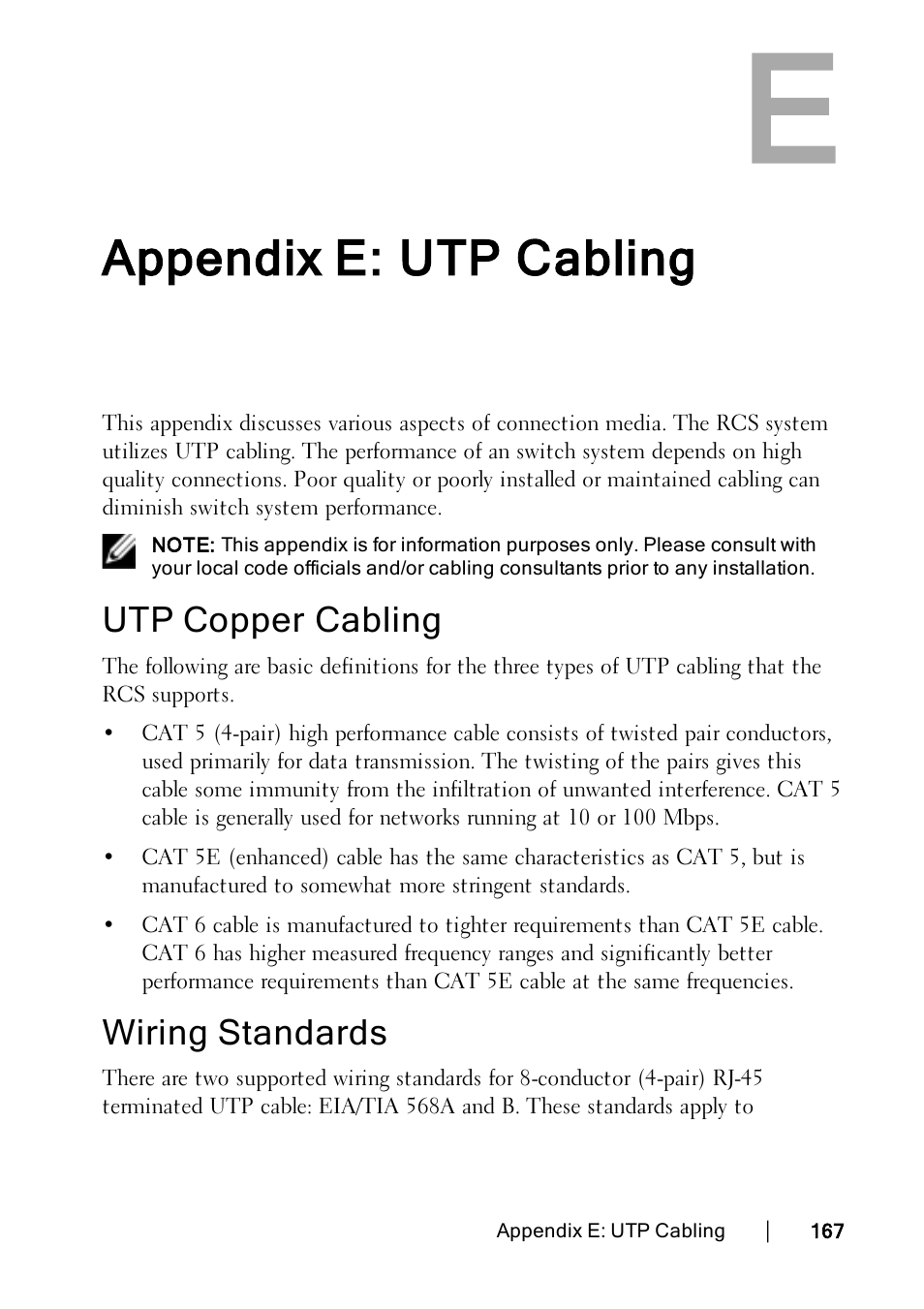 Appendix e: utp cabling, Utp copper cabling, Wiring standards | Dell KVM 1082DS User Manual | Page 177 / 188