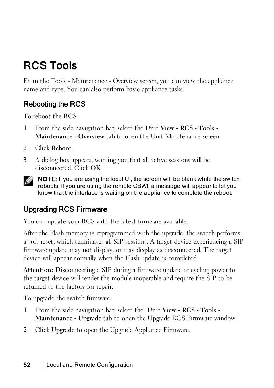 Rcs tools, Rebooting the rcs, Upgrading rcs firmware | Rebooting, Upgrading | Dell KVM 1082DS User Manual | Page 62 / 188