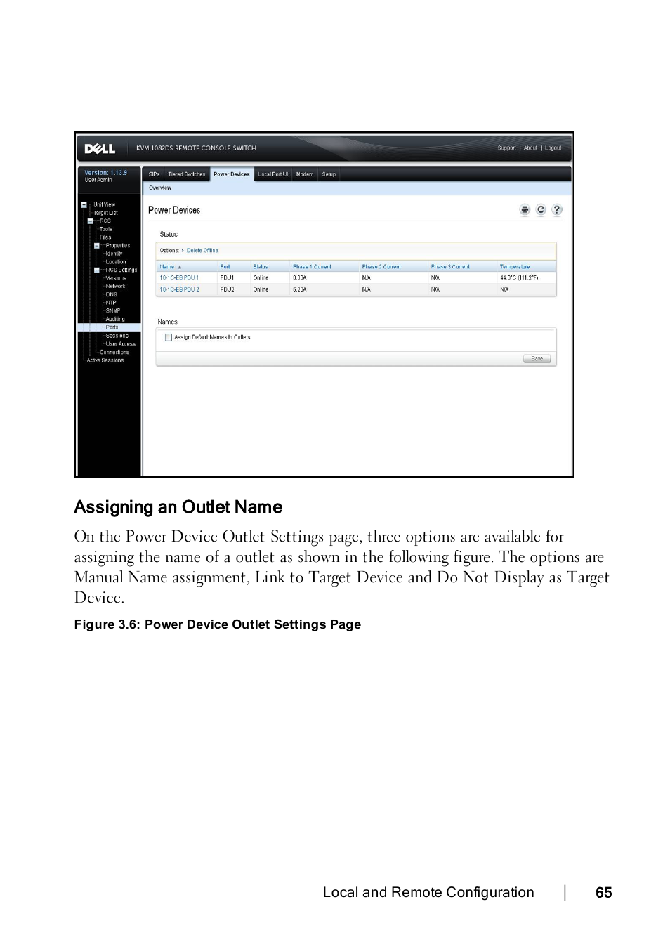 Assigning an outlet name | Dell KVM 1082DS User Manual | Page 75 / 188