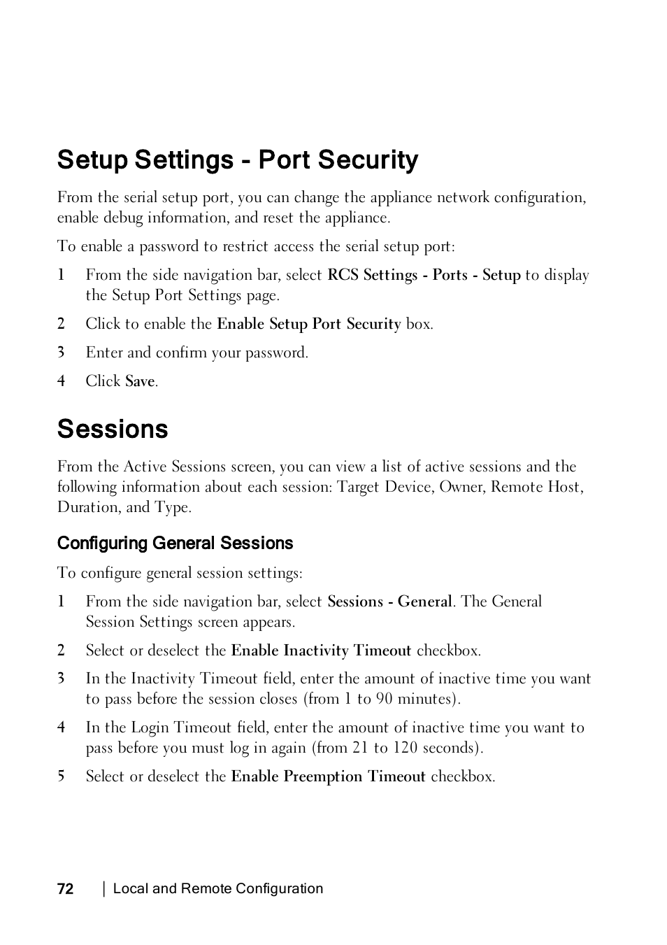 Setup settings - port security, Sessions, Configuring general sessions | Dell KVM 1082DS User Manual | Page 82 / 188