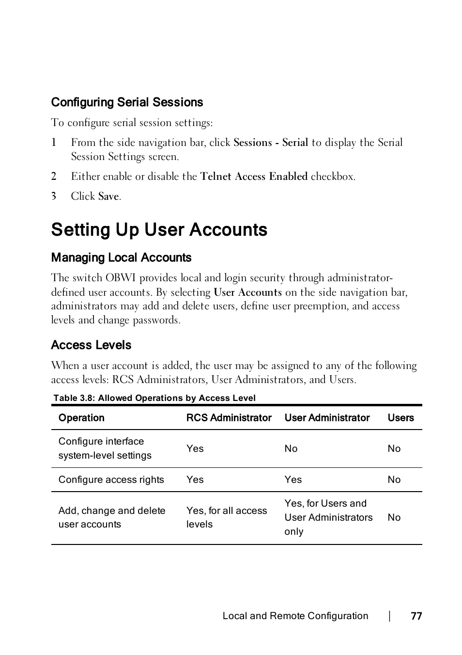 Configuring serial sessions, Setting up user accounts, Managing local accounts | Access levels | Dell KVM 1082DS User Manual | Page 87 / 188