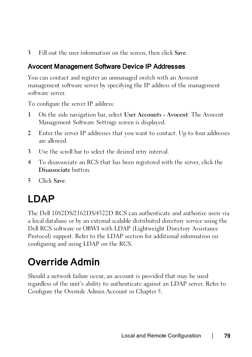 Avocent management software device ip addresses, Ldap, Override admin | Dell KVM 1082DS User Manual | Page 89 / 188