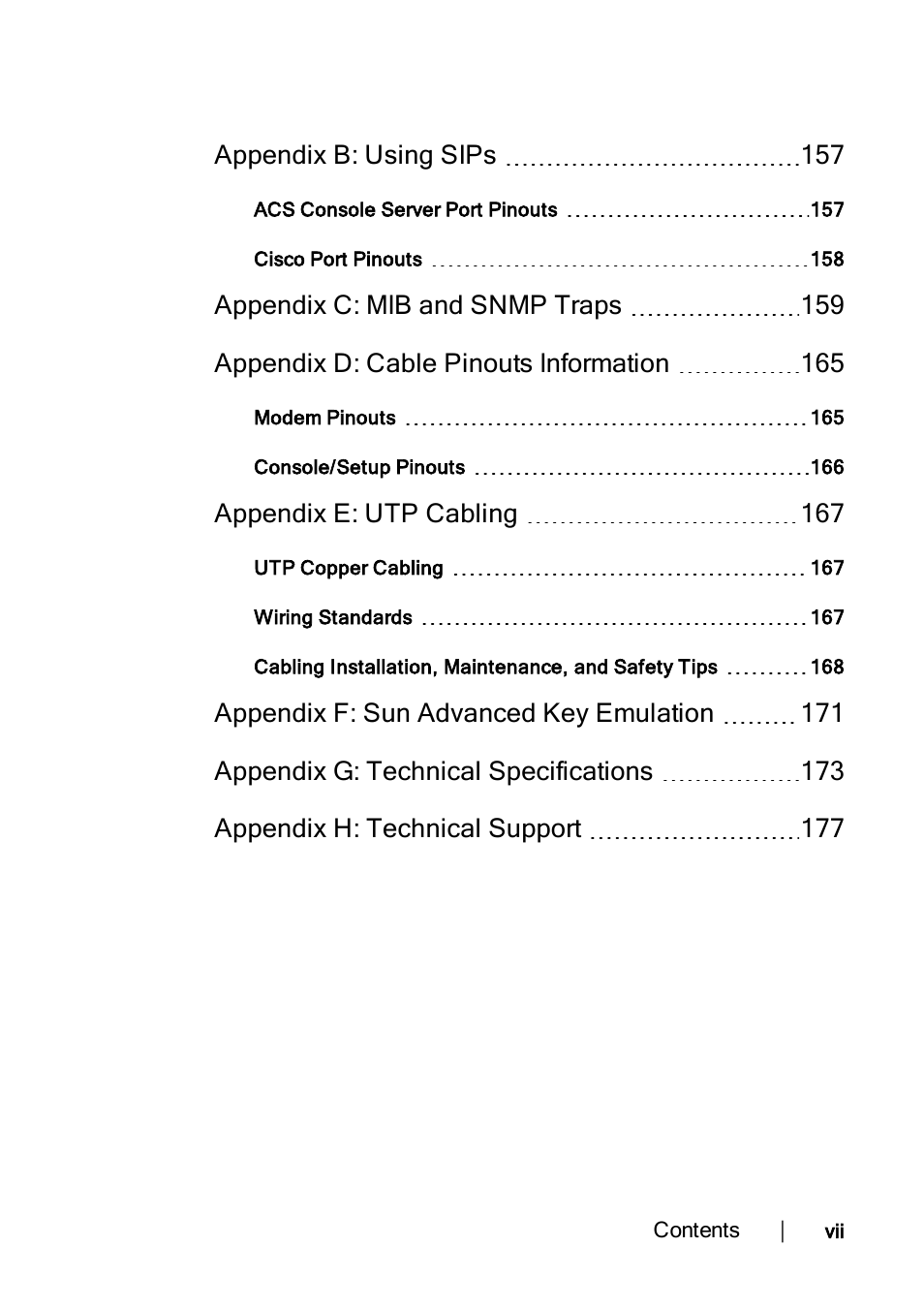 Appendix b: using sips 157, Appendix e: utp cabling 167 | Dell KVM 1082DS User Manual | Page 9 / 188