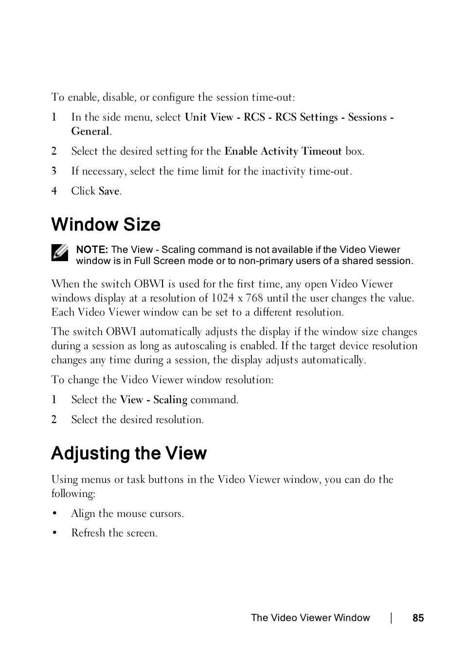 Window size, Adjusting the view | Dell KVM 1082DS User Manual | Page 95 / 188