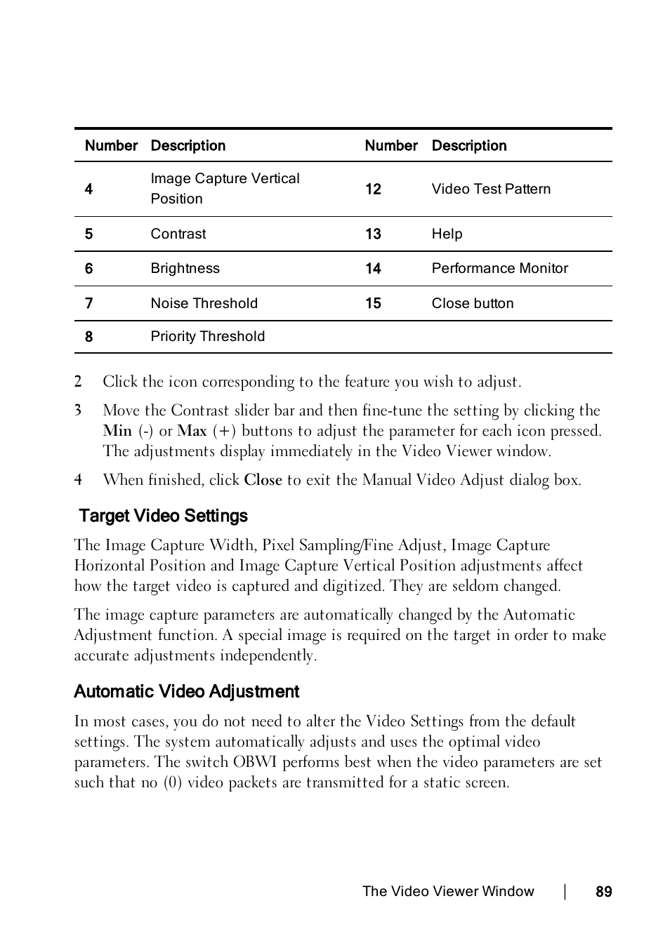 Target video settings, Automatic video adjustment | Dell KVM 1082DS User Manual | Page 99 / 188