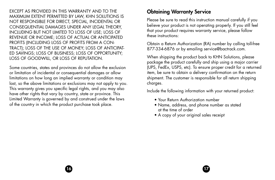 Obtaining warranty service | BACtrack S70 User Manual | Page 10 / 11