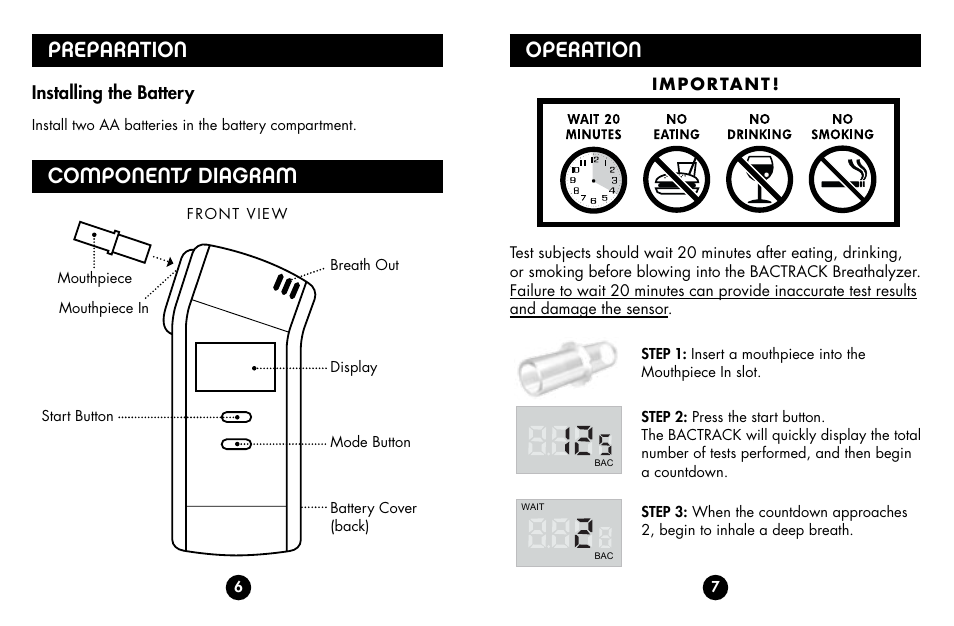 Preparation, Components diagram operation, Installing the battery | BACtrack S70 User Manual | Page 5 / 11