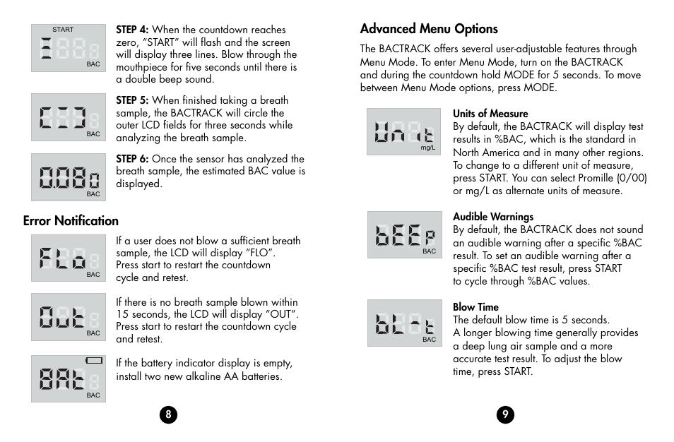 Advanced menu options, Error notification | BACtrack S70 User Manual | Page 6 / 11