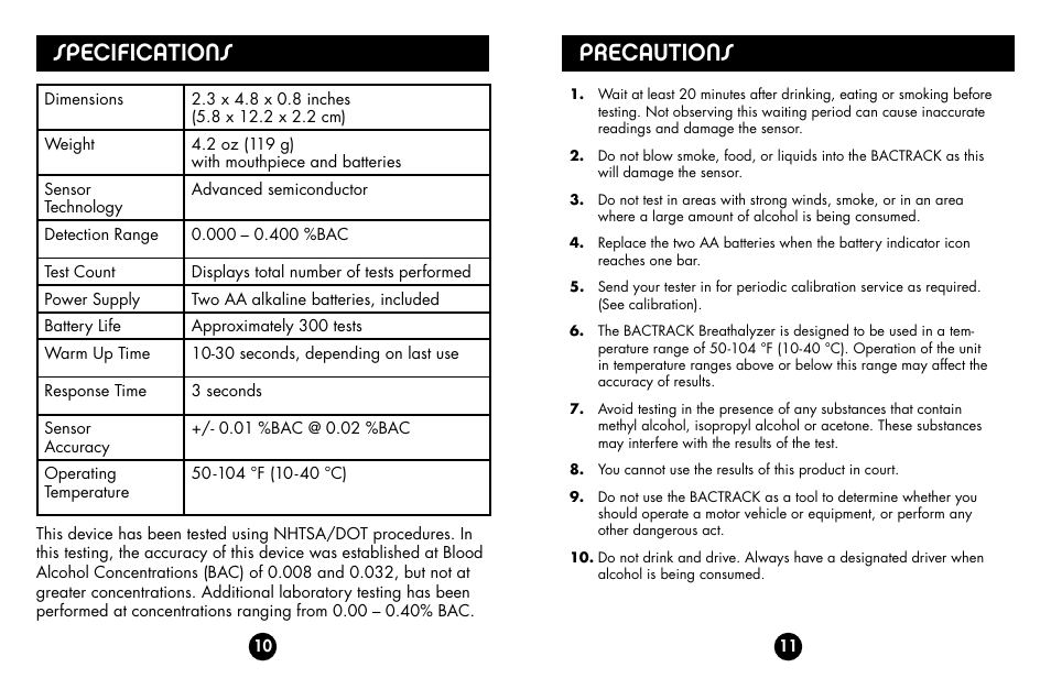 Precautions, Specifications | BACtrack S70 User Manual | Page 7 / 11